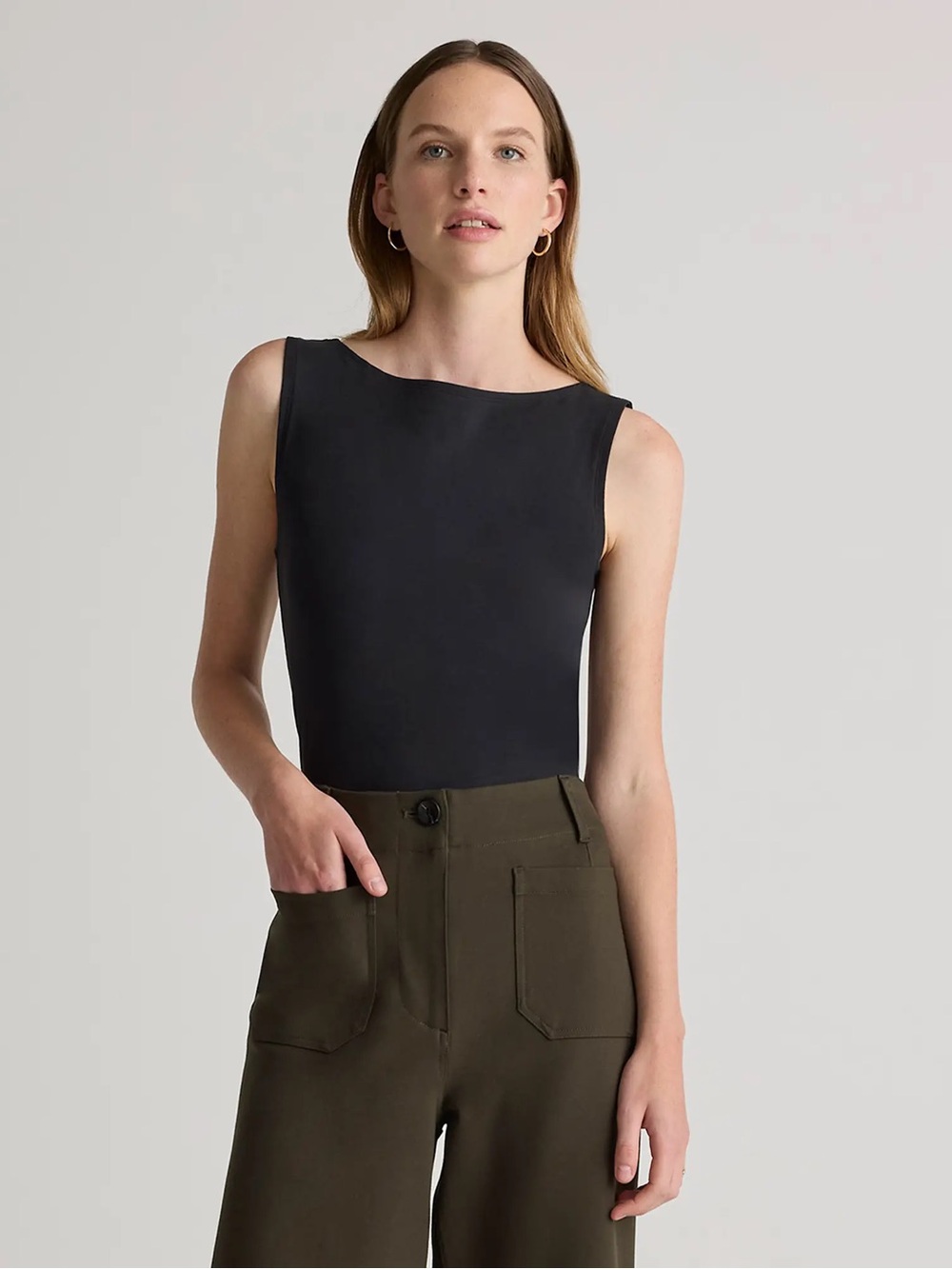NWT QUINCE Stretch Cotton Jersey Boat Neck Tank Small Black 0832